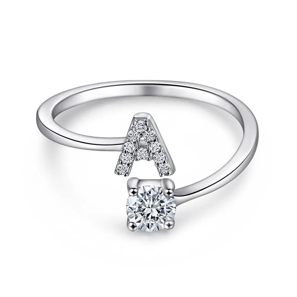 Women's Adjustable Initial Ring with Cubic Zirconia, Stackable Gift
