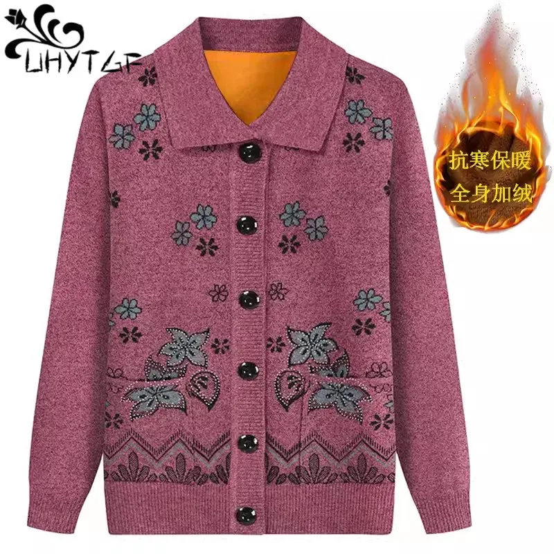 XL-6XL Middle Age Mother Knitted Cardigan Sweater Coats Spring Autumn Women Knitwear Tops 60-70 Old Grandma Clothes 637