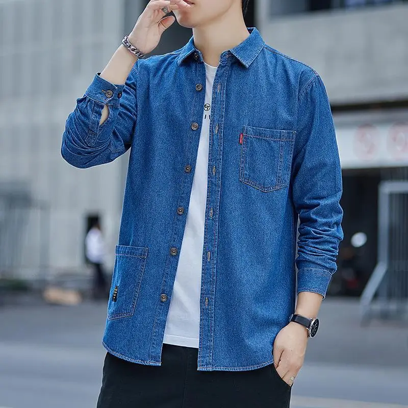 Korean Style Loose Men\'s Cotton Denim Shirt 2023 Spring Autumn Casual All-match Long-sleeved Thin Jean Jacket Classic Brand Tops