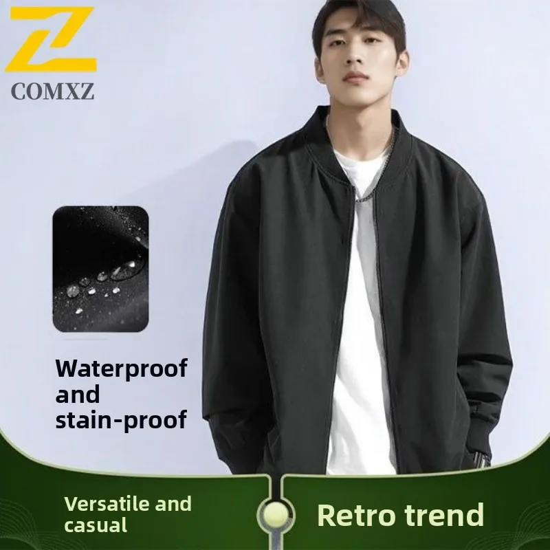 

COMXZ Men Jacket New Solid Color Stand Collar American Retro Wear Resistant Windbreaker Daily Style Versatile Autumn Garment