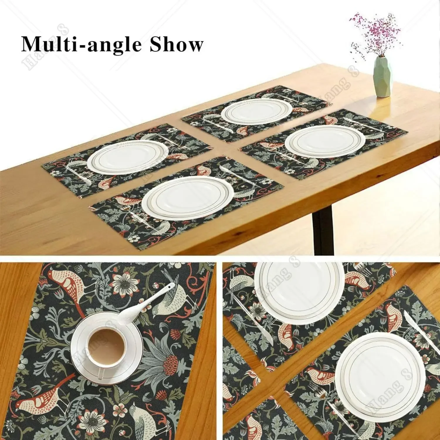 Vintage Birds Placemats Set of 4 William Morris Flower Birds 12x18inch Linen Washable Kitchen Table Place Mats Table Mats