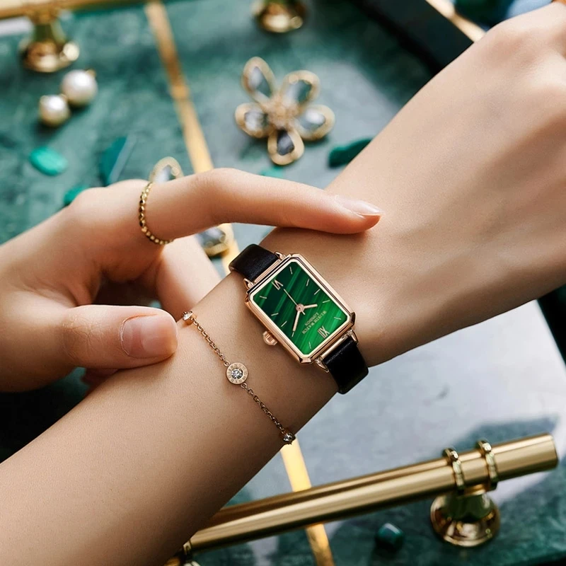 Fashion Wlisth Top Brand Women Square Ladies Quartz Bracelet Set Green Dial Simple Rose Gold Mesh And Leather Luxury Watches