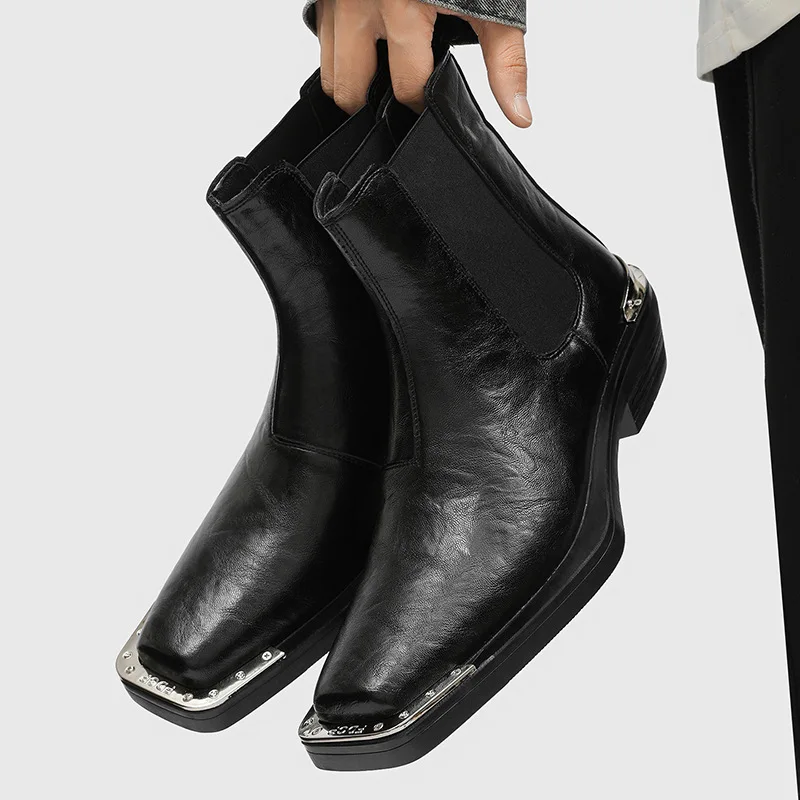 England style men's casual punk hip hop high chelsea boots black designer square toe shoes cowboy natural leather ankle botas