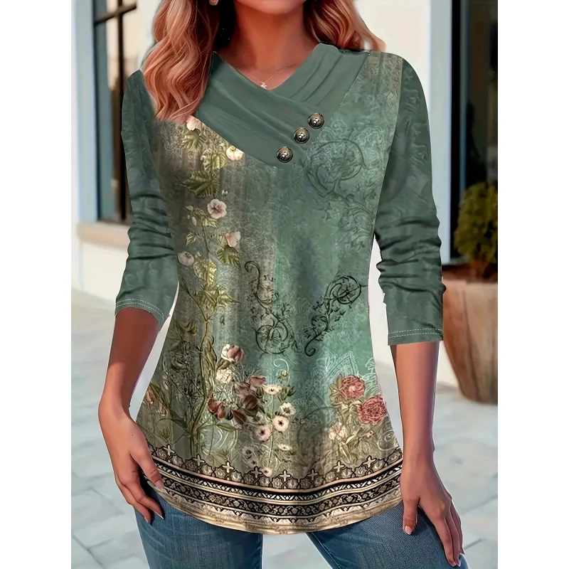 Women Leopard Paisley Print Draped Long Sleeve Tops, Casual Soft Loose Tunic Blouse Daily Wear Shirts