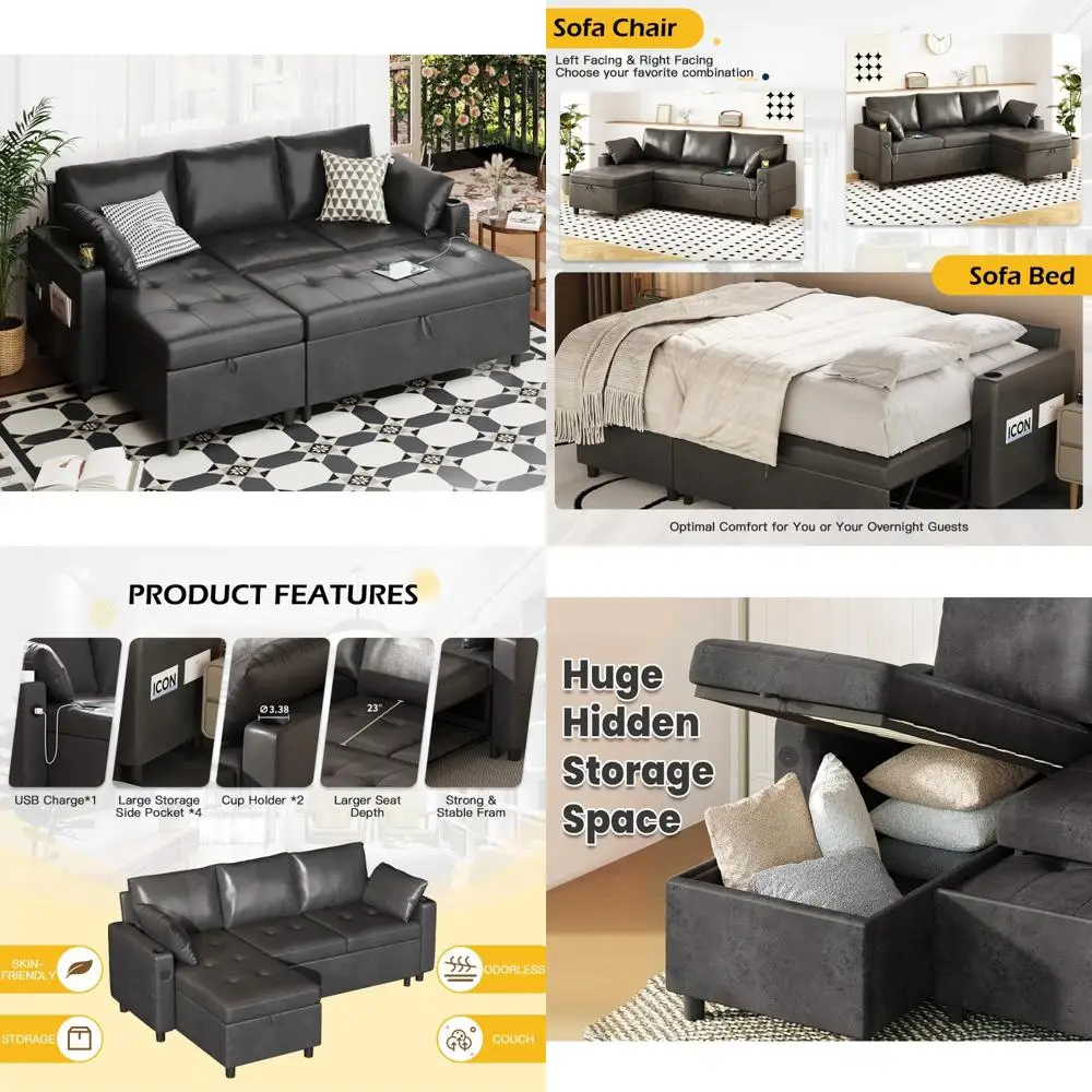 

Leather Sleeper Sofa Couch with Pullout Bed, 83.5'' Sofa Bed with Storage Chaise, Pull Out Couch with USB&Cup Holders, L-Shaped