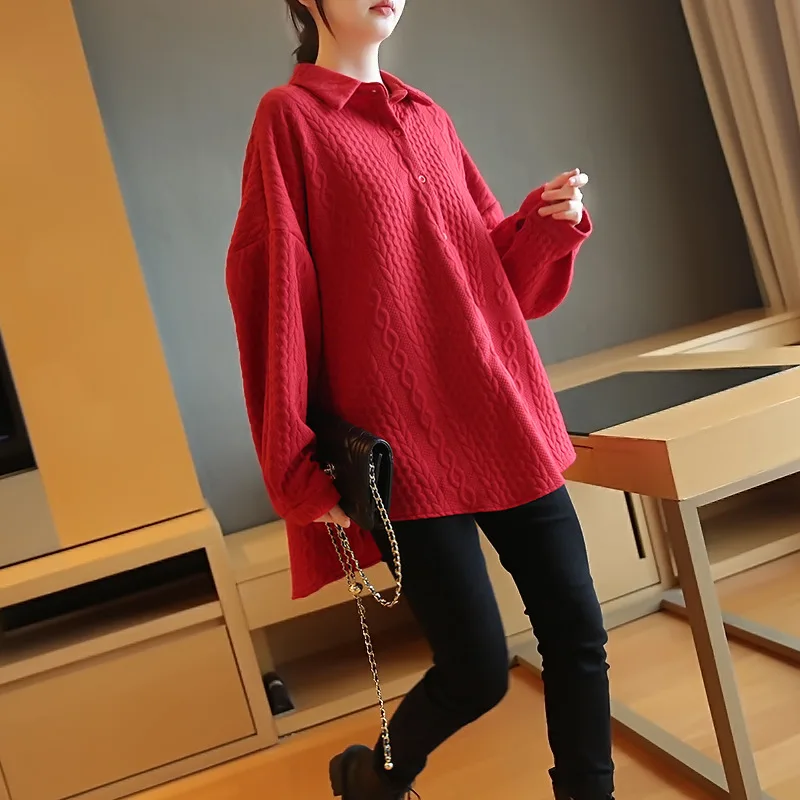 Katoenen Top Ontwerp Lange Mouwen Vrouwen En Najaar Lange Losse Grote Maat Shirt Jacquard Twist Knit fashion Casual