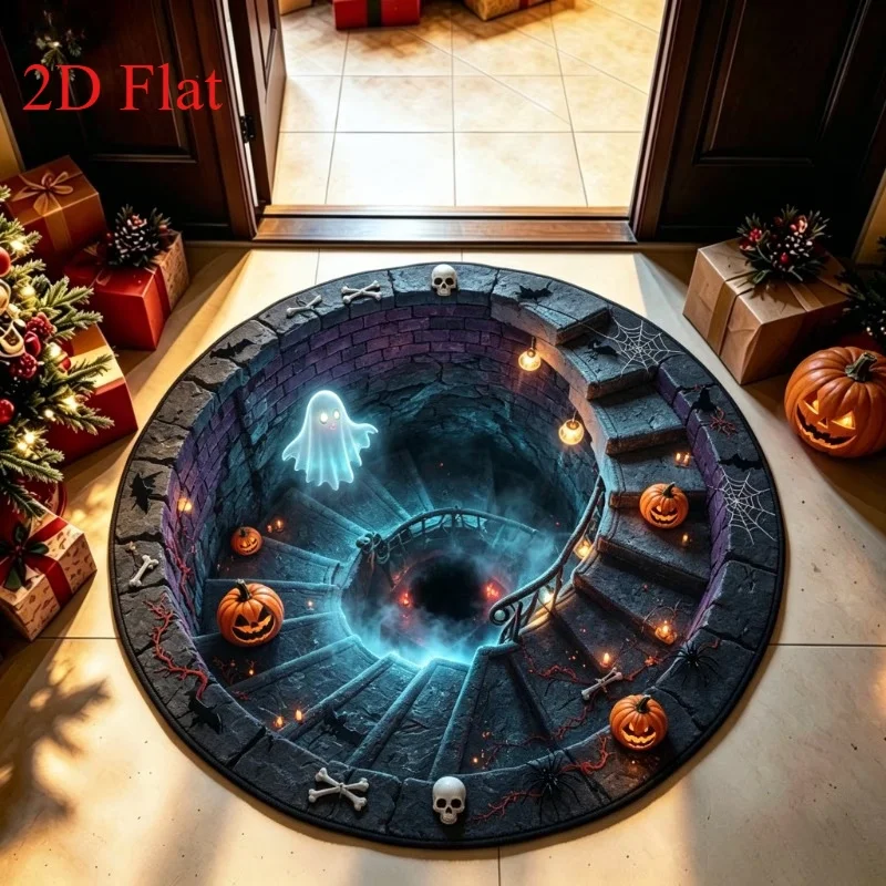 Glowing Ghost Spiral Stairs Round Rug Great Home Decor Festive Front Door Floor Mat 2D Print Area Rug Entryway Foyer Mat