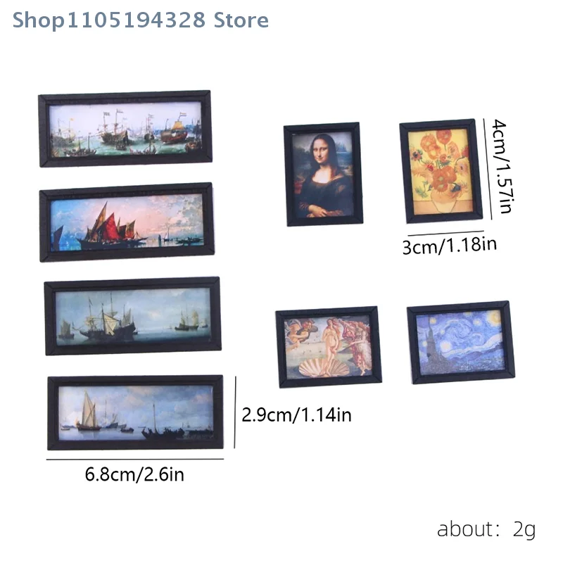 [YA]8Pcs/Set 1:12 Dollhouse Miniature Vintage Oil Painting Mural Photos Wall Picture Scene Decor Doll House Accessories