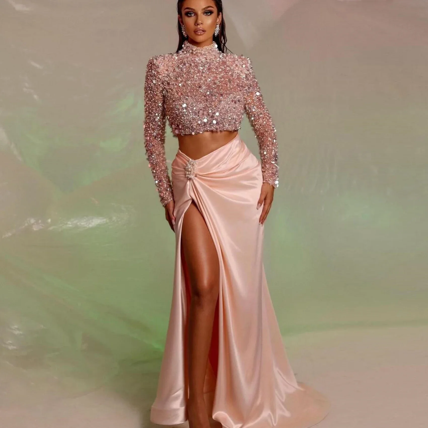Elegancka różowa jedwabna satynowa spódnica maxi dla kobiet na imprezę Wysoka talia Rozcięcie z boku Spódnica na formalną okazję Długa suknia balowa NO TOP
