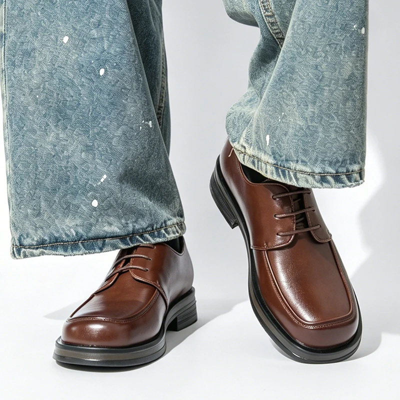 Men's Lace‑up Square Toe Derby Dress Shoes Large Size：38-46 Thick Sole Business Banquet Daily Formal Smooth Leather Shoes