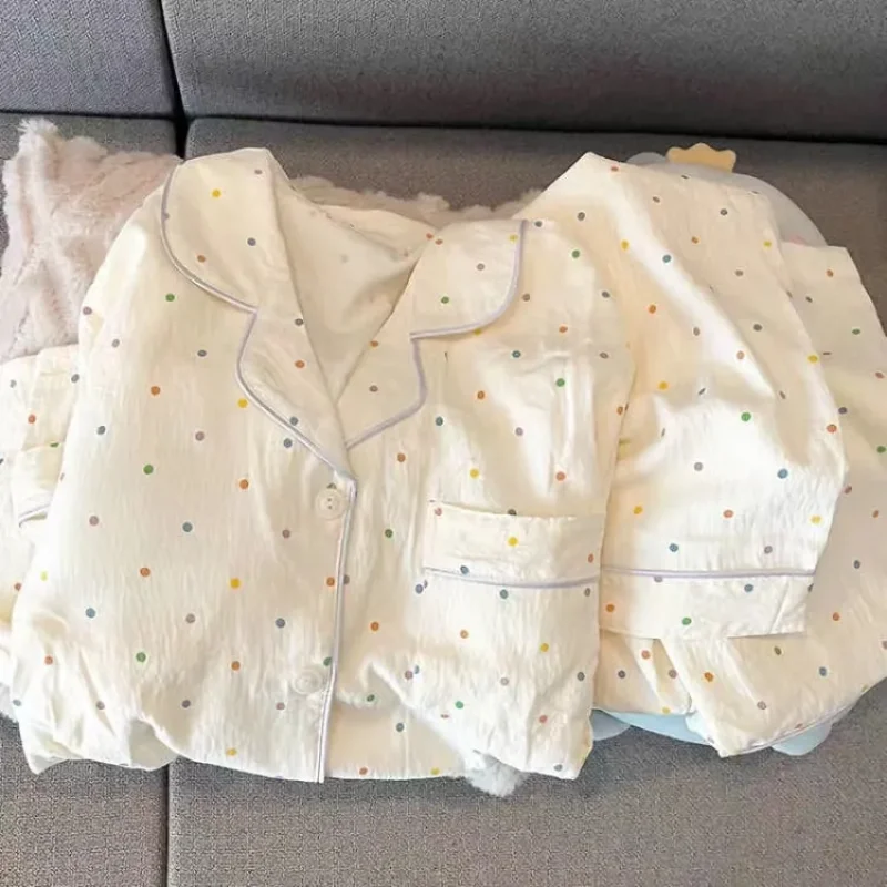 Jesienne 2-częściowe zestawy damskie Print Polka Dot Sweet Kawaii Piżama Zestaw Singer Breasted Top i Spodnie Damskie Casualowe Zestawy Piżamy 2024