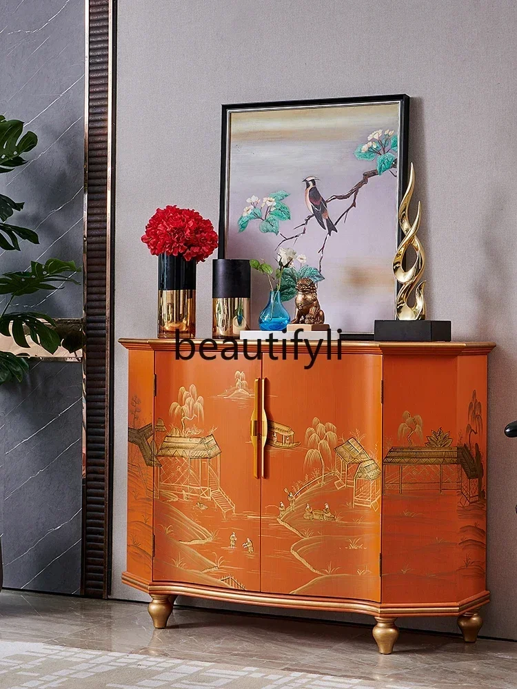 178A French rural retro high-end light luxury solid wood dining side cabinet orange Chinese hand-painted gold porch locker