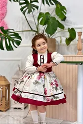 Baby Girl Autumn Rose Floral Burgandy Turkish Vintage Princess Dress for Birthday Holiday Easter Photography Eid Christmas C74