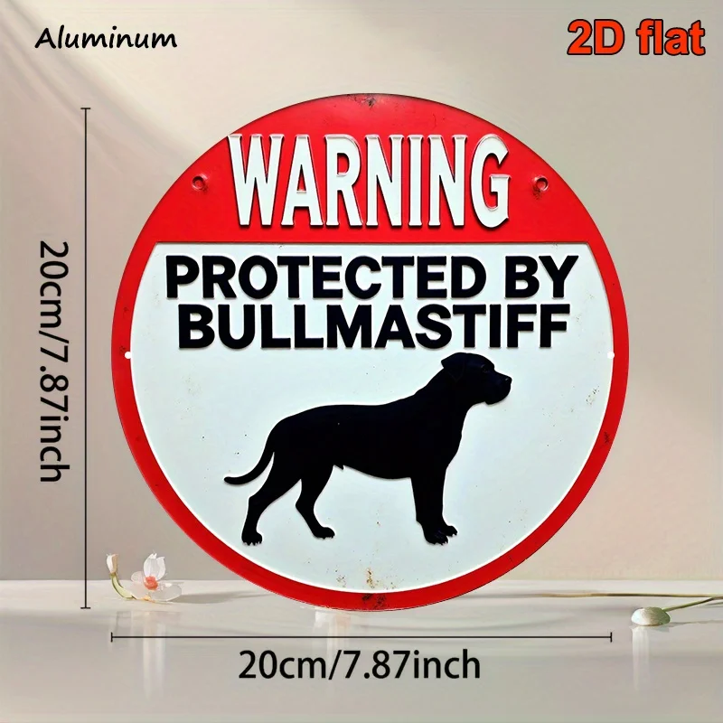 2D Flat, Vintage Bullmastiff Dog Warning Sign - Heavy-Duty Aluminum Mastiff Plaque with Caution Design, Retro Fence & Room Decor
