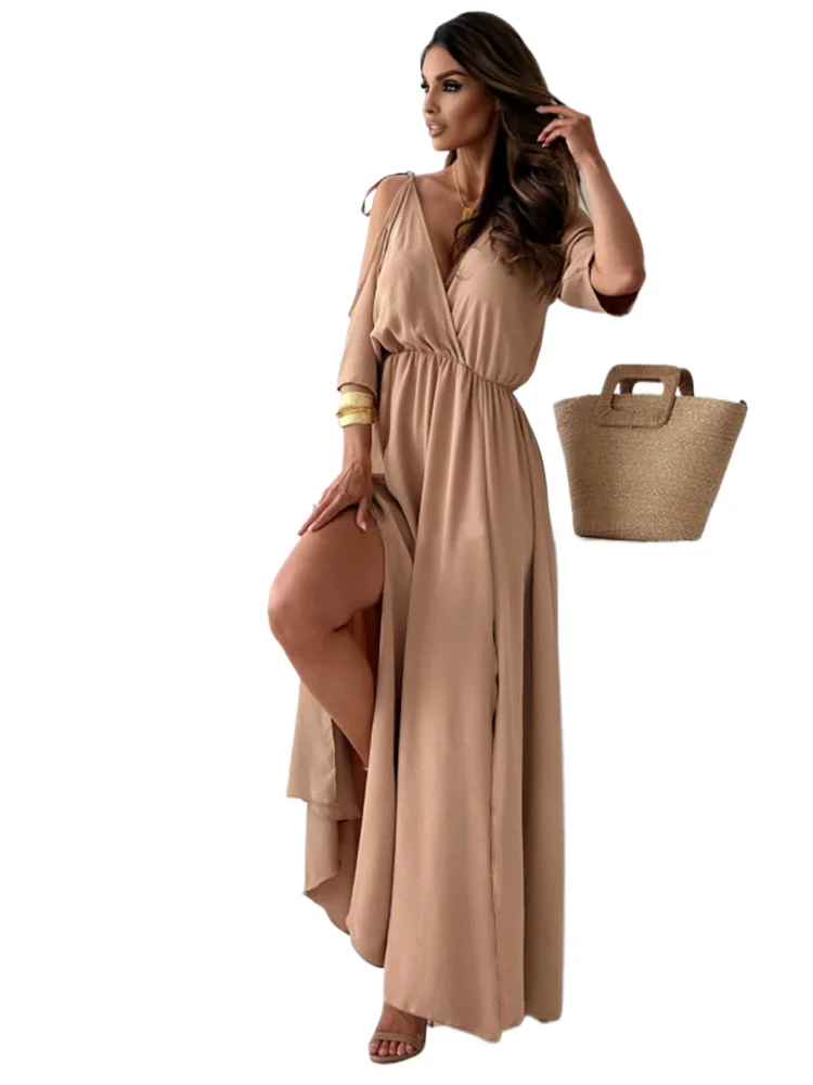 

Summer New V-neck Skirt Slit Dress Off-shoulder Sleeves Sexy Suspender Dress Fashion Elegant Casual Loose Beach Party Dresses