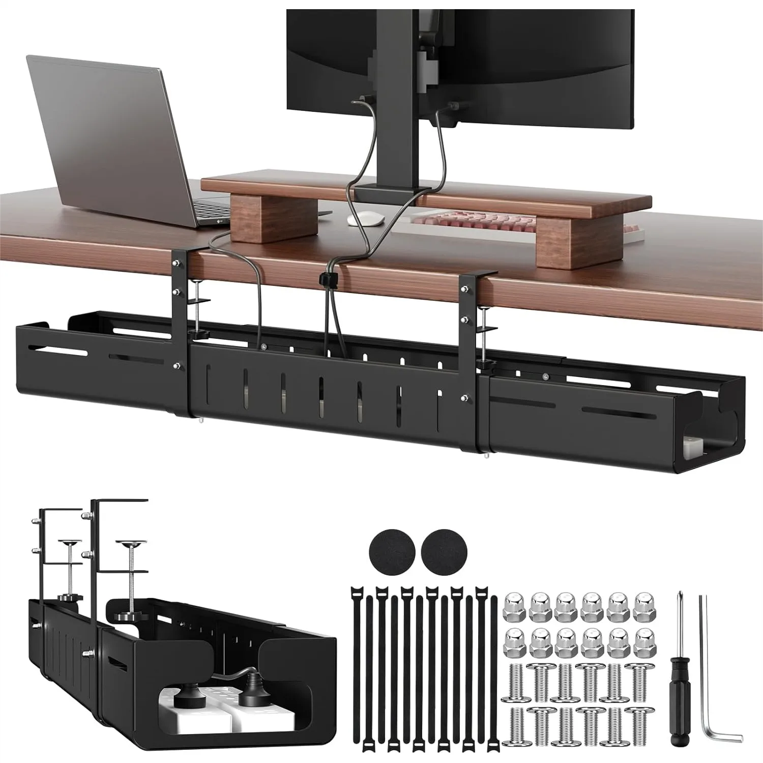 

Under Desk Cable Management Tray, Expandable 25.2"–38.6" Heavy Duty Carbon Steel with Clamp, Hidden Cord Organizer for Home