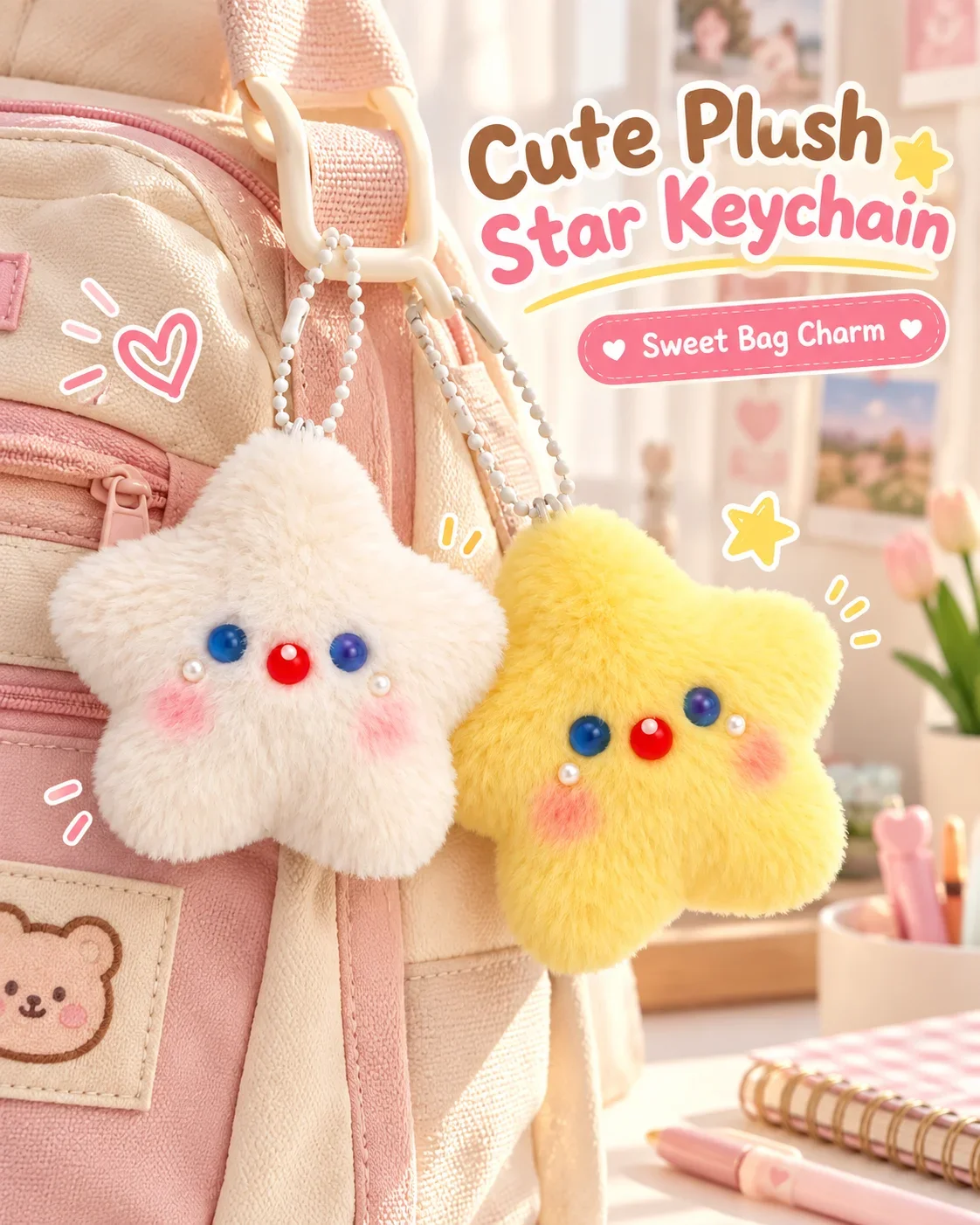 Cute Plush Star Keychain with Squeaky Sound, Kawaii Doll Pendant for Girls, Student Backpack Charm