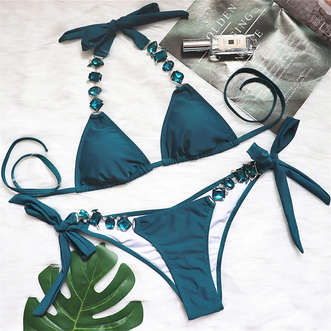 Brasilianischer Bikini mit Strasssteinen und Diamanten, Damen-Badebekleidung, zweiteiliges Bikini-Set, Badeanzug, Badebekleidung, Modell V2339. – Detail 30