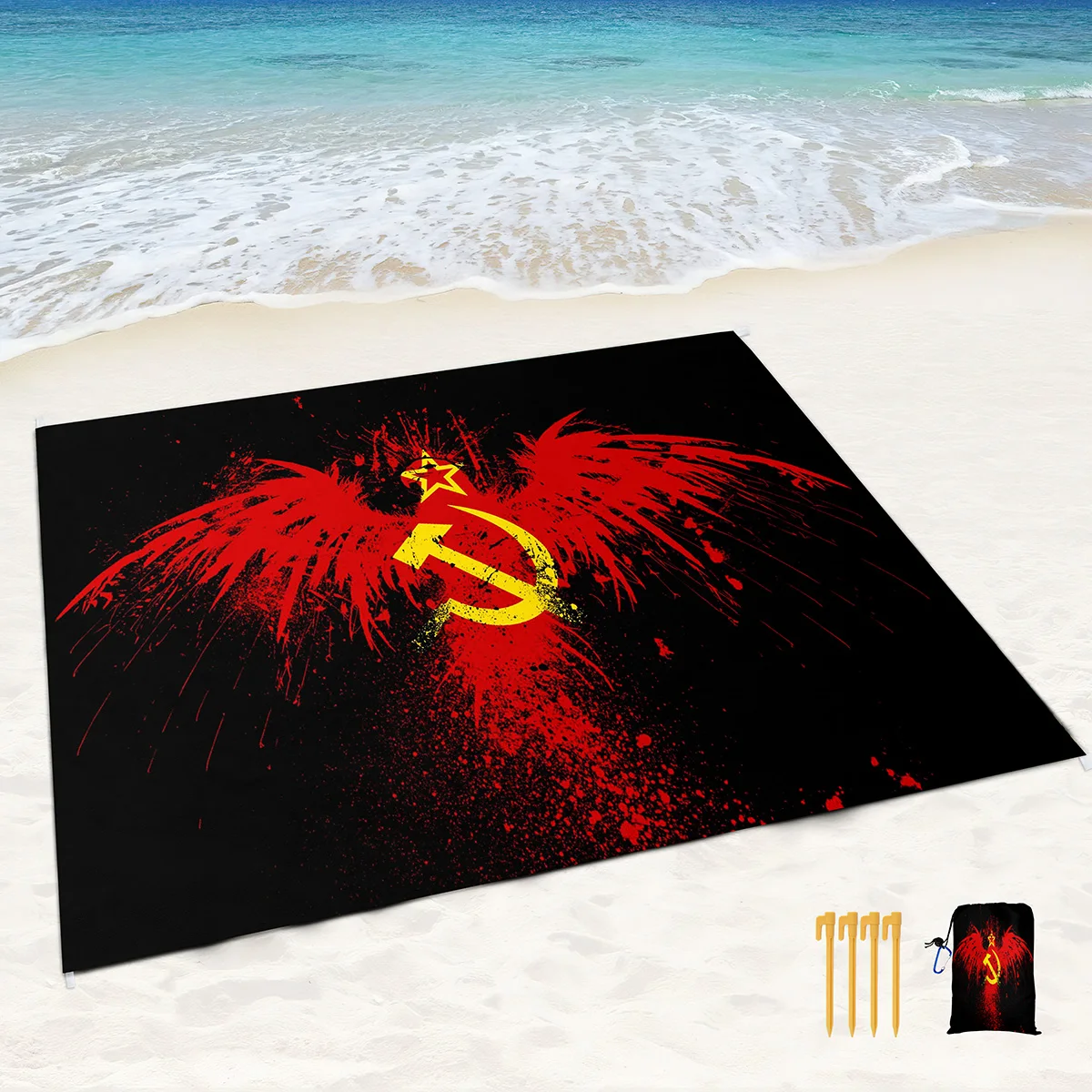 CCCP Print Soft Beach Blanket Sandproof Lightweight Waterproof Quick Drying Outdoor Picnic Mat with 4 Stakes & 4 Corner Pockets