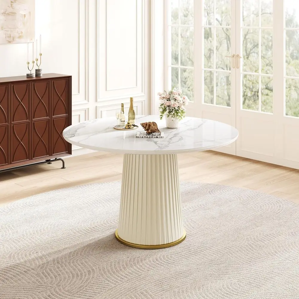 

Round 43.30 Marble-Grain Top Dining Table with PU Leather Pedestal for Kitchen & Dining Rooms