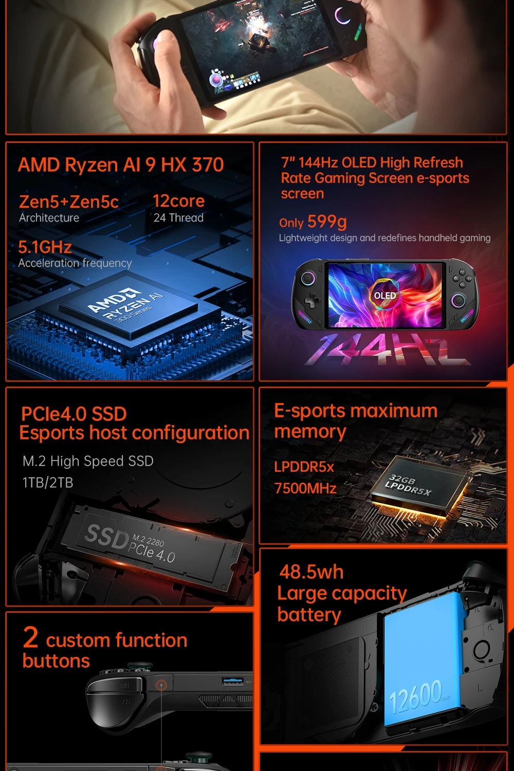 OneXPlayer OneXFly F1 Pro AMD 8840U AI 9 365 HX 370 OLED 144Hz 7 인치 스크린 PC 게임 콘솔, 휴대용 3A 스팀 플레이 노트북 윈도우 11