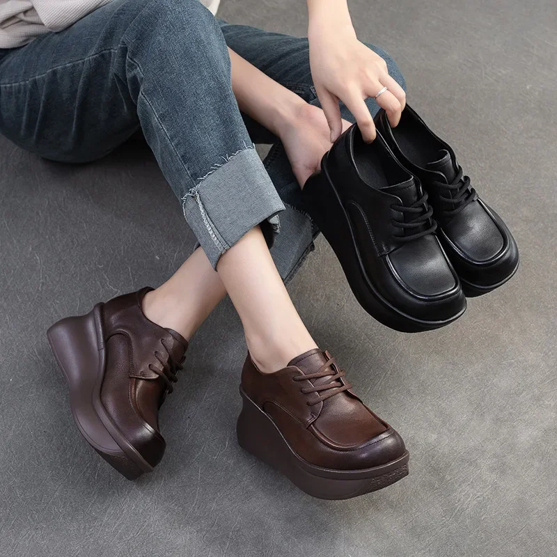 Koznoy 7cm Cow Genuine Leather Comfy Booties Autumn Spring Platform Wedge Women Mary Jane Loafers Ankle Boots Pumps Retro Shoes