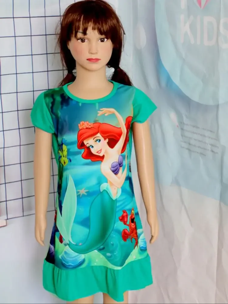 Girls Summer Nightgown Cute Princess Cartoon Print Short Sleeve Home Dress Kids Breathable Sleepwear Toddler Girl Night Dress