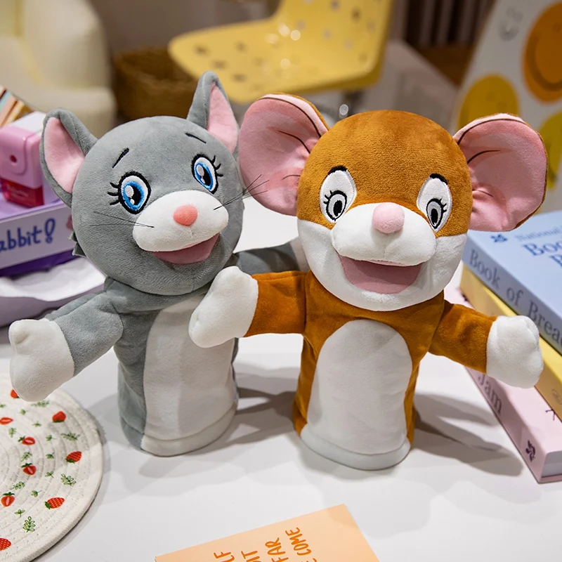 Marionetas de mano de felpa con forma de ratón y gato Kawaii, juguetes educativos para juegos familiares, muñeca de tiempo, 28cm