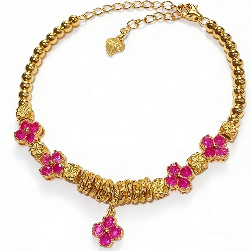 Natural Pink Ruby 2.5mm Round Bracelet S925 Silver Gold Plated Floral Charm Adjustable Chain with CUG Certificate