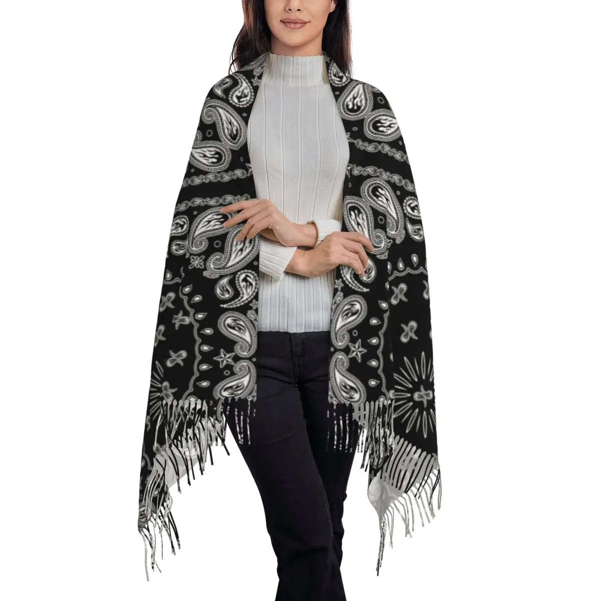Colorful Paisley Black Pattern Scarf Tassel Scarves for Women Soft Warm Shawls and Wraps Large Fall Winter Shawl Wrap