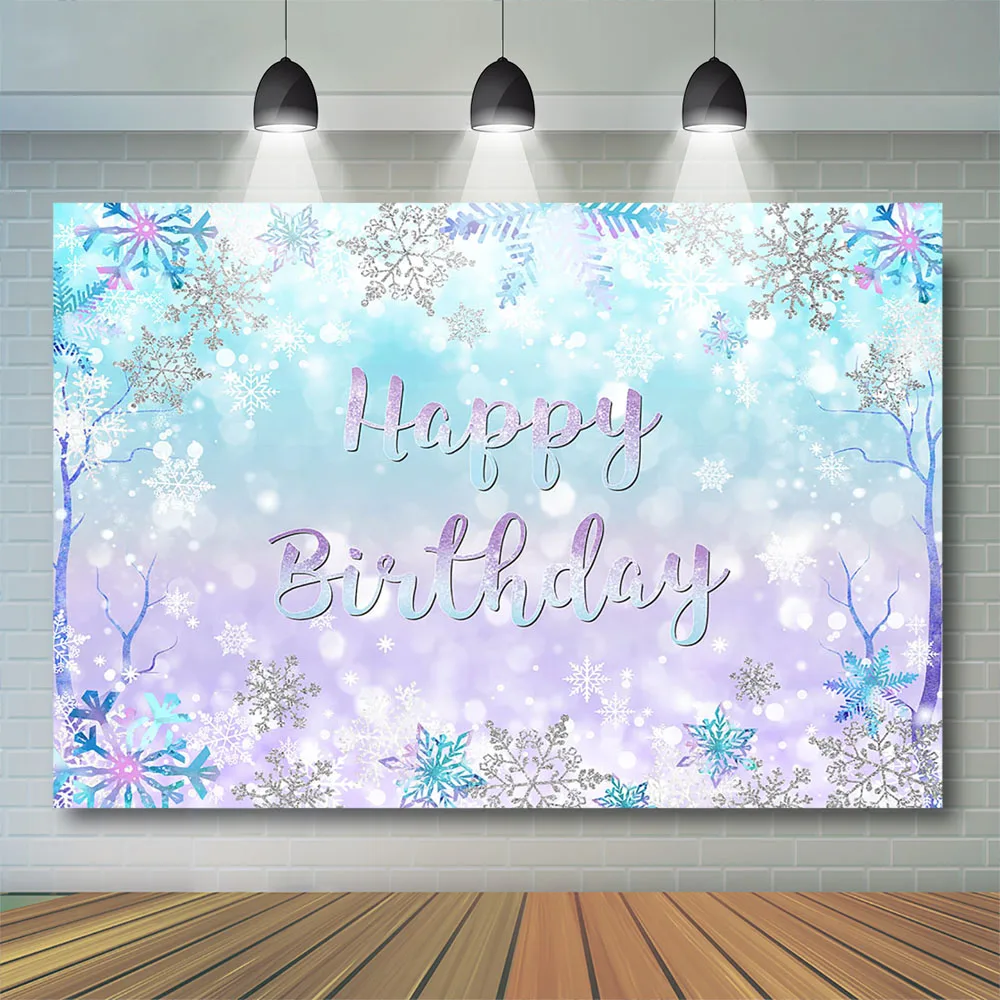 Winter Weihnachten Geburtstag Hintergrund gefrorene Schneeflocken Dekor Hintergrund Banner Neugeborene Kinder lila Bule Geschlecht offenbaren Party Foto