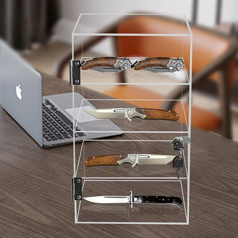 4-tier واضح الاكريليك عرض خزانة الاكريليك عرض المجوهرات سكين عرض القضية مع قفل