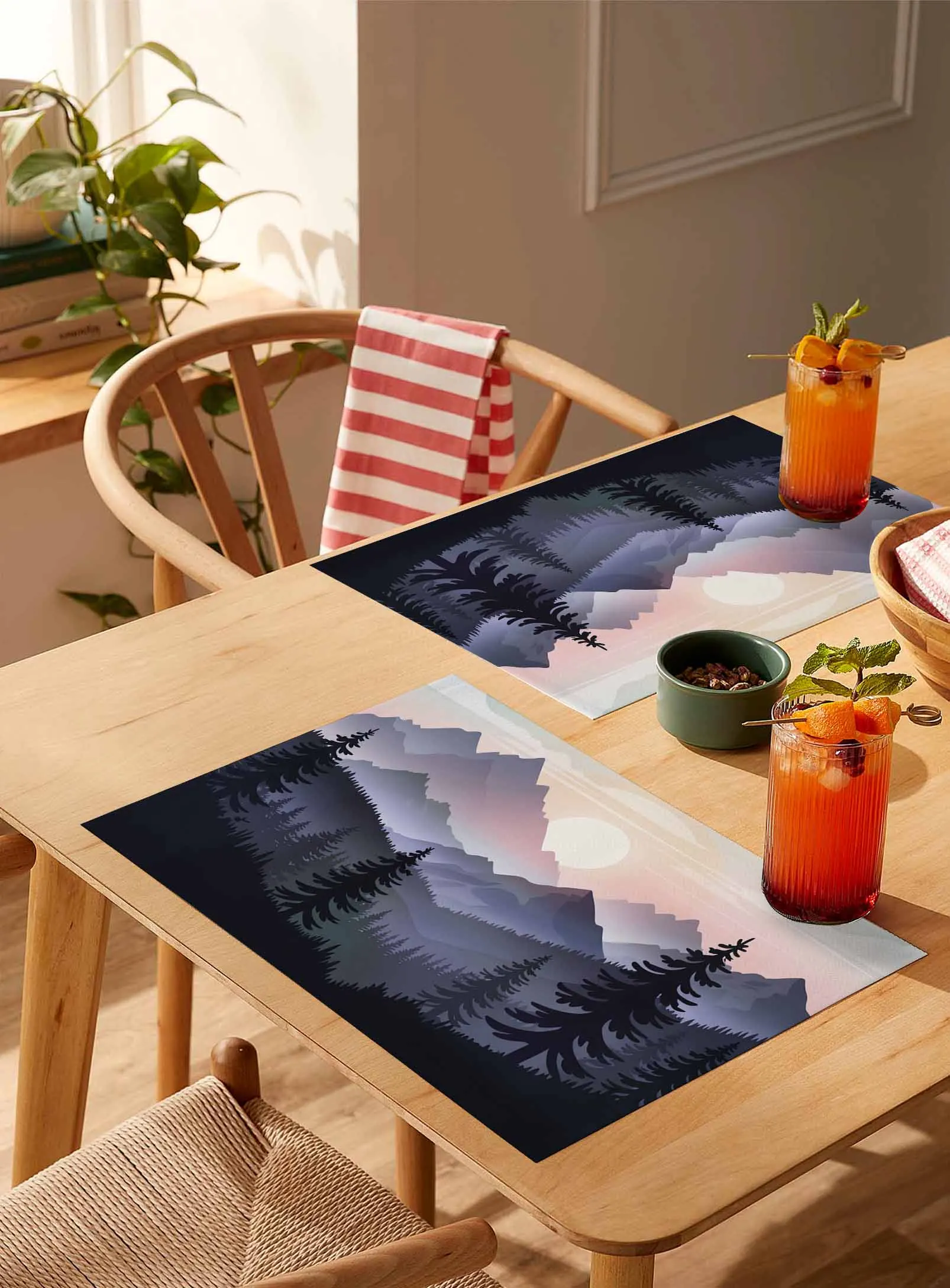 

4/6 Pcs Mountain Forest Sunrise Landscape Placemat Wedding Party Dining Decor Linen Table Mat Kitchen Accessories