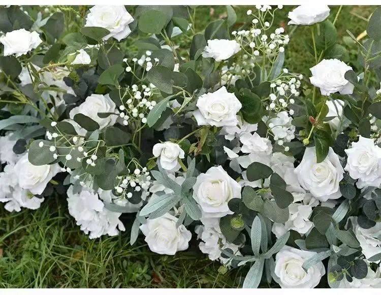 5D Hochzeits-Hintergrund Blumenarrangement Grüner Eukalyptus Olivenblatt Weiße Rose Bogen-Dekoration Hängende Blumenreihe Tisch-Mittelstücke Kugel – Detail 4