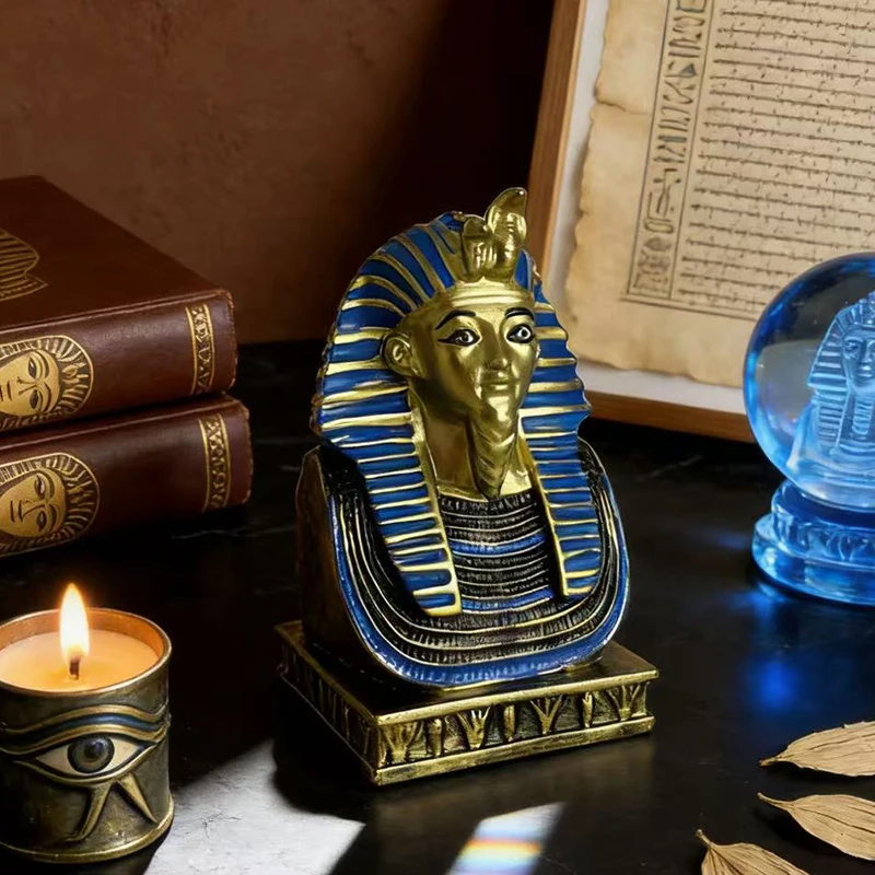 Antique Style Egyptian Pharaoh Resin Bust Figurine Tutankhamun Sculpture Bookshelf Desk Living Room Interior Decor Accent