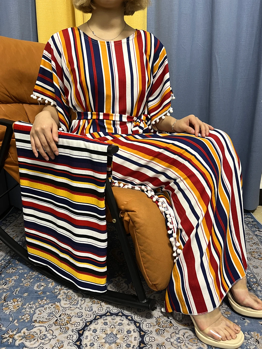 Abaya musulmani per le donne 2023 elasticità novità nappe vestibilità ampia Femme Robe abiti a righe moda africana con foulard cintura