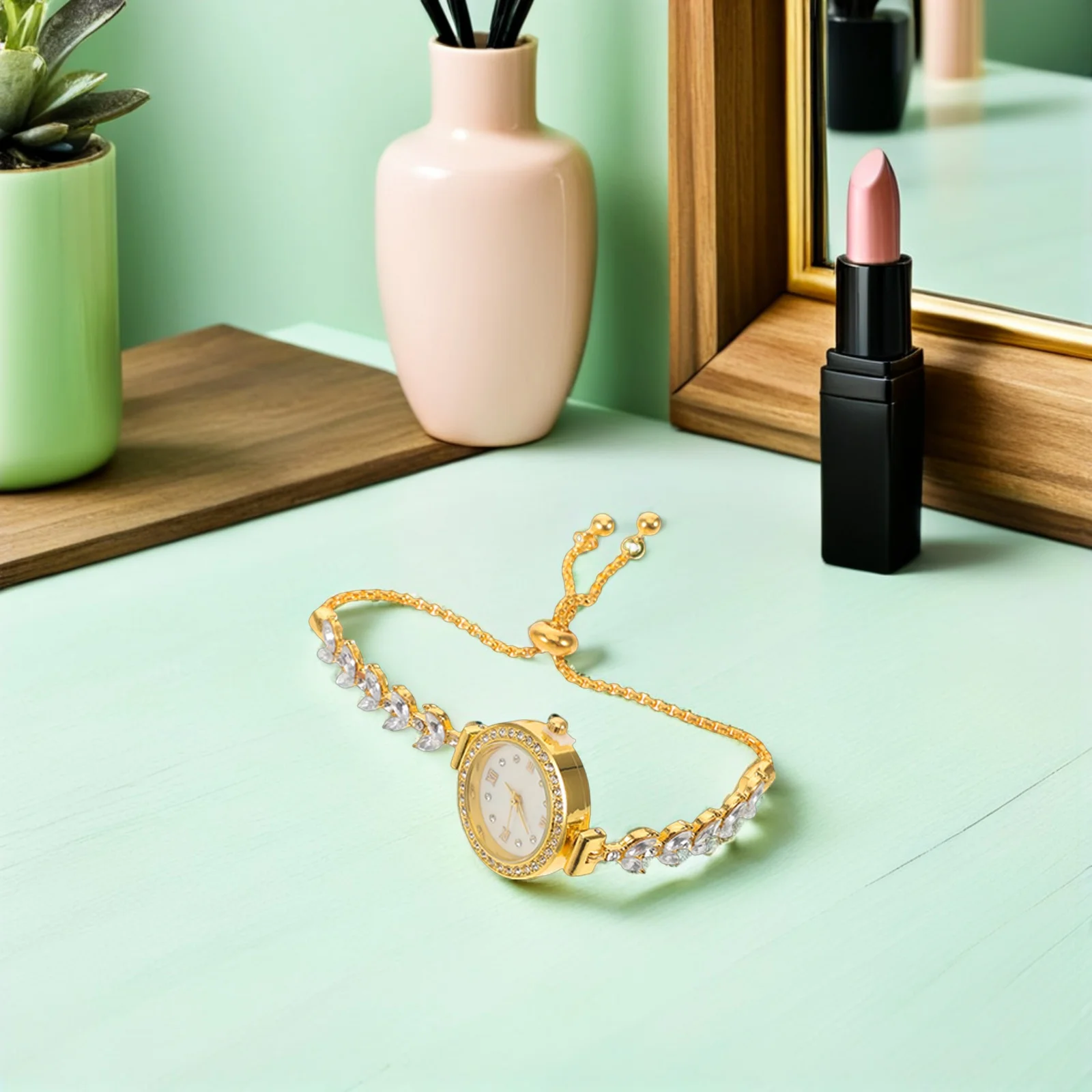 

Elegant Rhinestone Bracelet Watch for Women Gold Tone Analog Quartz Wristwatch with Sparkling Dial Slim Design Cuff Dress Watch