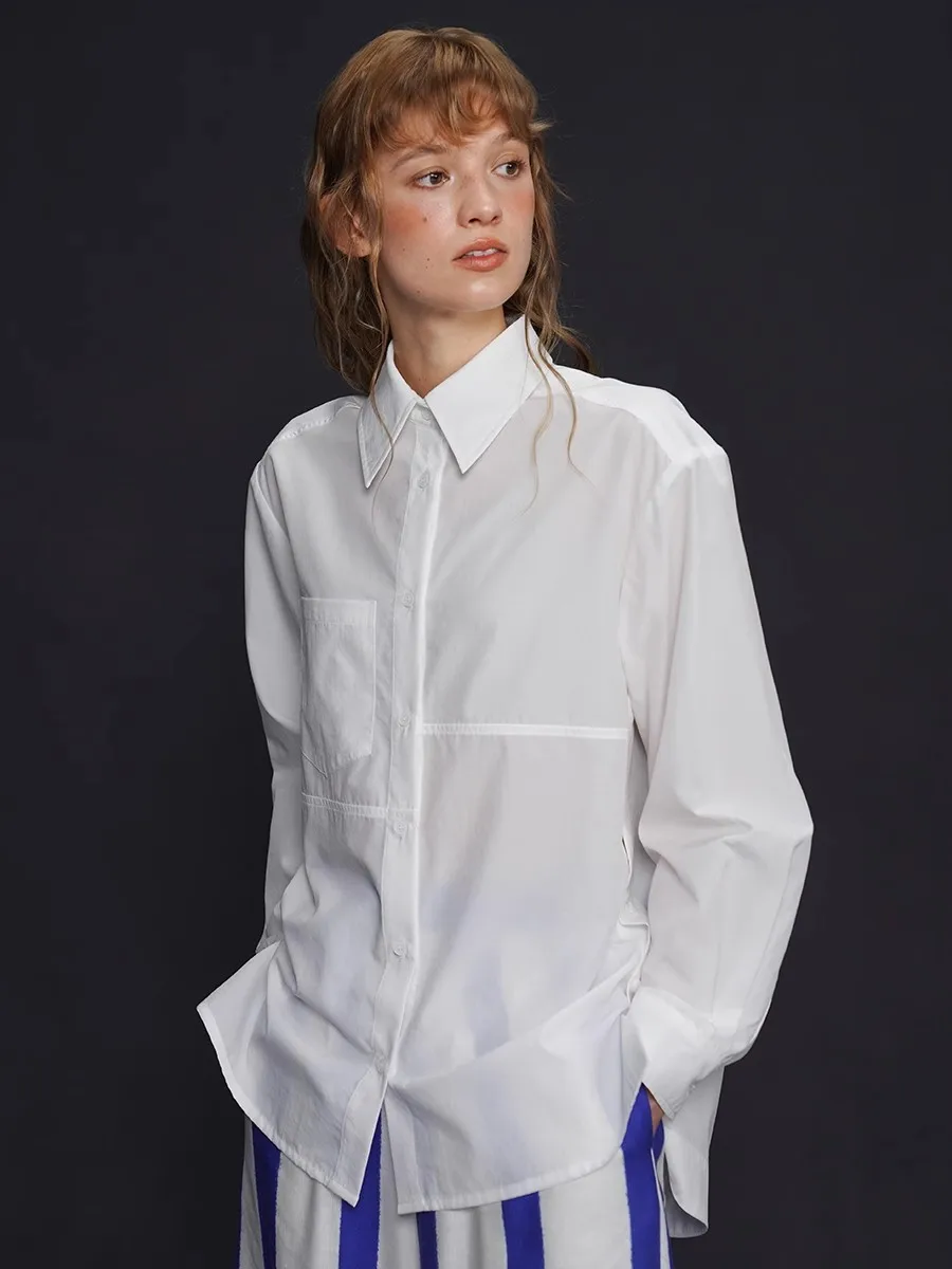 Camicia da donna ampia casual in tinta unita con struttura di separazione dei bottoni, comoda manica lunga in morbido cotone bianco nero rosa