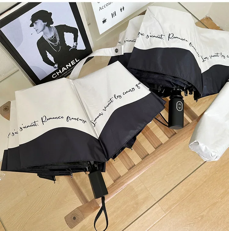 Black and White Edge Niche Sun Protection and Anti-UV Parasol French Umbrella Automatic Female Rain or Shine Dual-use