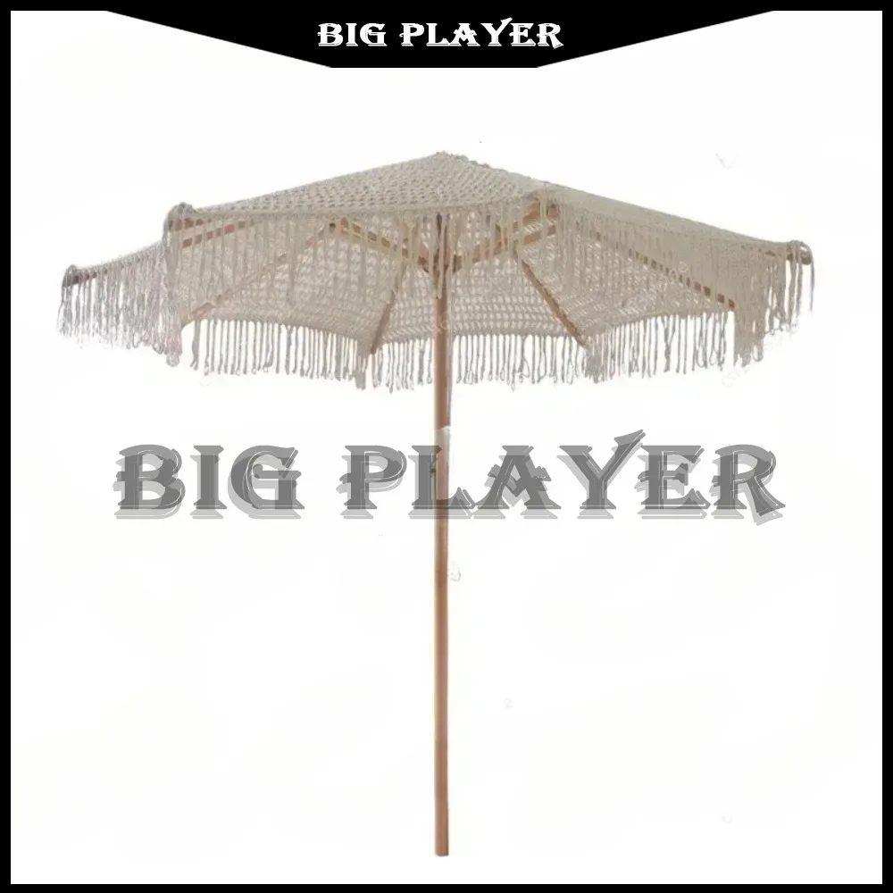 

Bohemia Cotton Rope Parasols 2.5M Wooden Pole Handmade Tassels Woven Canopy Beach Umbrella With Macrame Fringe