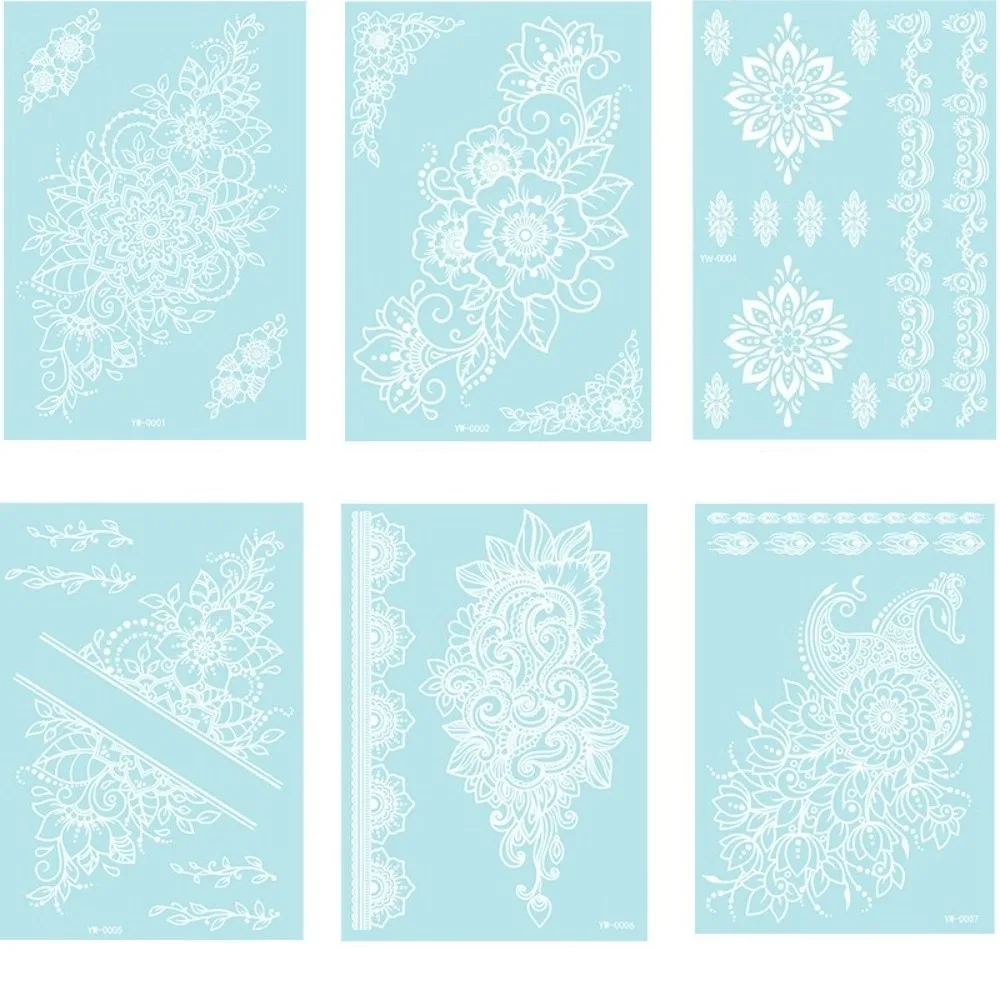 

6 Sheets Blue Luminous Henna Tattoo Stickers Lasting Sweatproof Mandala Temporary Tattoos Glow in the Dark White