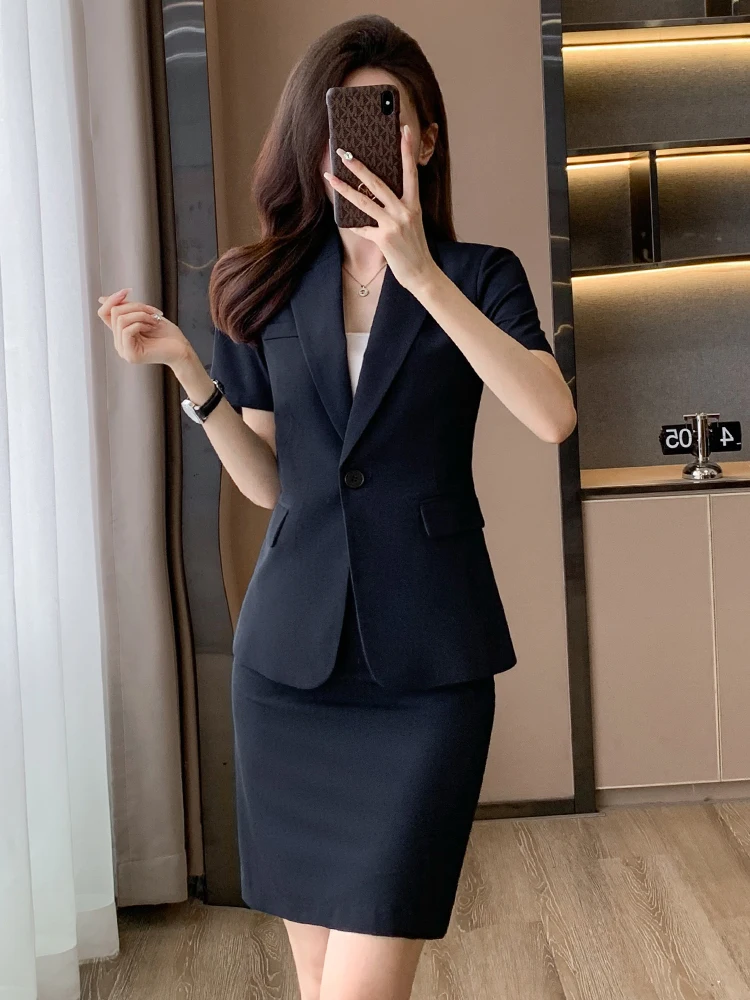 Summer Thin Suit Set for Women Business Professional Hotel Work Uniform Commute Style Slim Fit Polyester Blend Short Sleeve