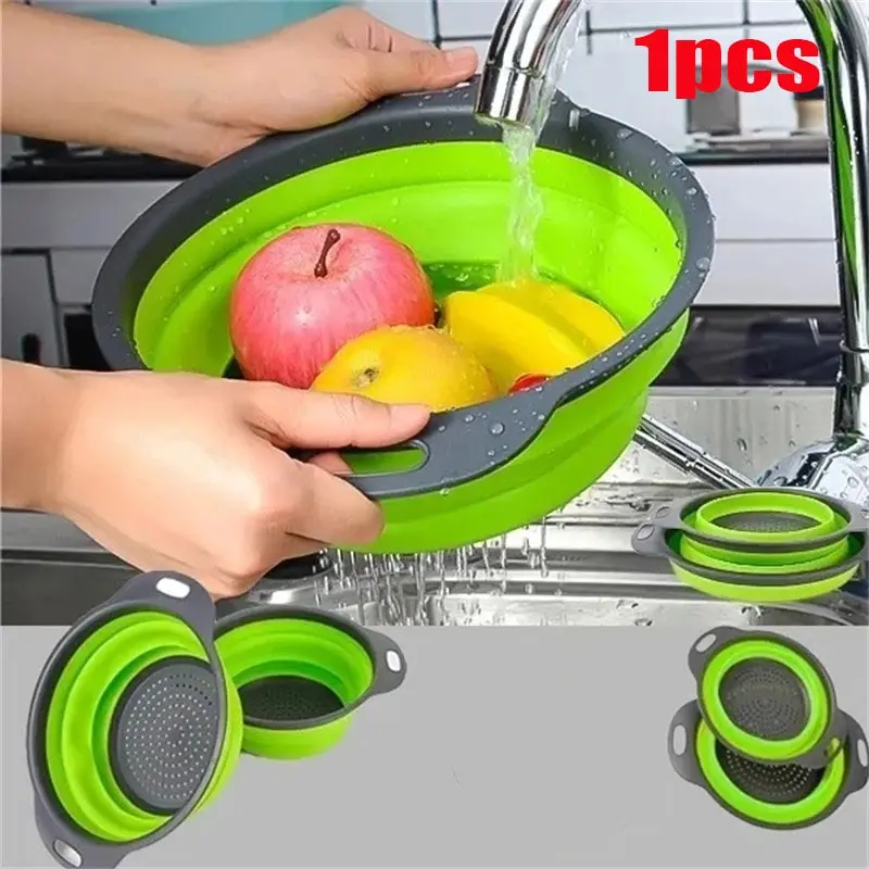 Creative Green Silicone Round Folding Vegetable Fruits Washing Drain Basket Colander Strainer Collapsible Drainer Kitchen Tool