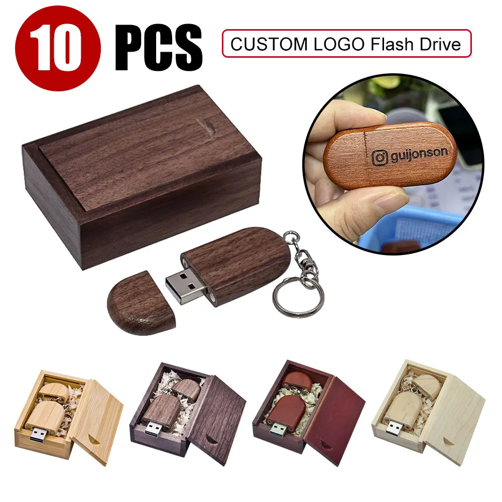 

10PCS/LOT Free Custom Logo Wooden Box USB 2.0 Flash Drive 16GB 32GB Oval Pen Drive Wedding Photography Gifts Memory Stick U Disk