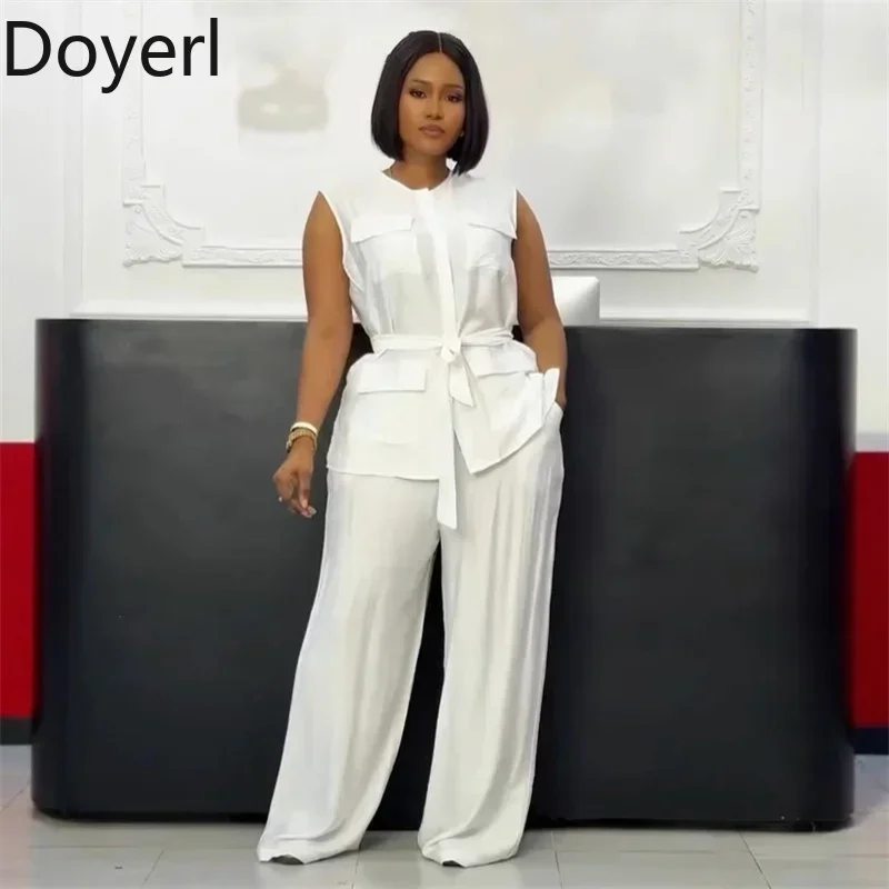 Doyerl Solid Casual Set da 2 pezzi Completi da donna Eleganza Loose Fit O-Collo Tasche senza maniche Top e pantaloni a gamba larga Set coordinati