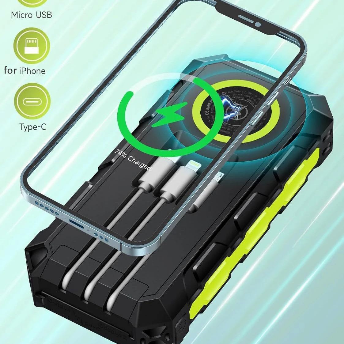 30000mAh Power Bank Waterproof Solar Powerbank Wireless Charger For iPhone 15 14 Samsung Xiaomi Fast charging External Battery
