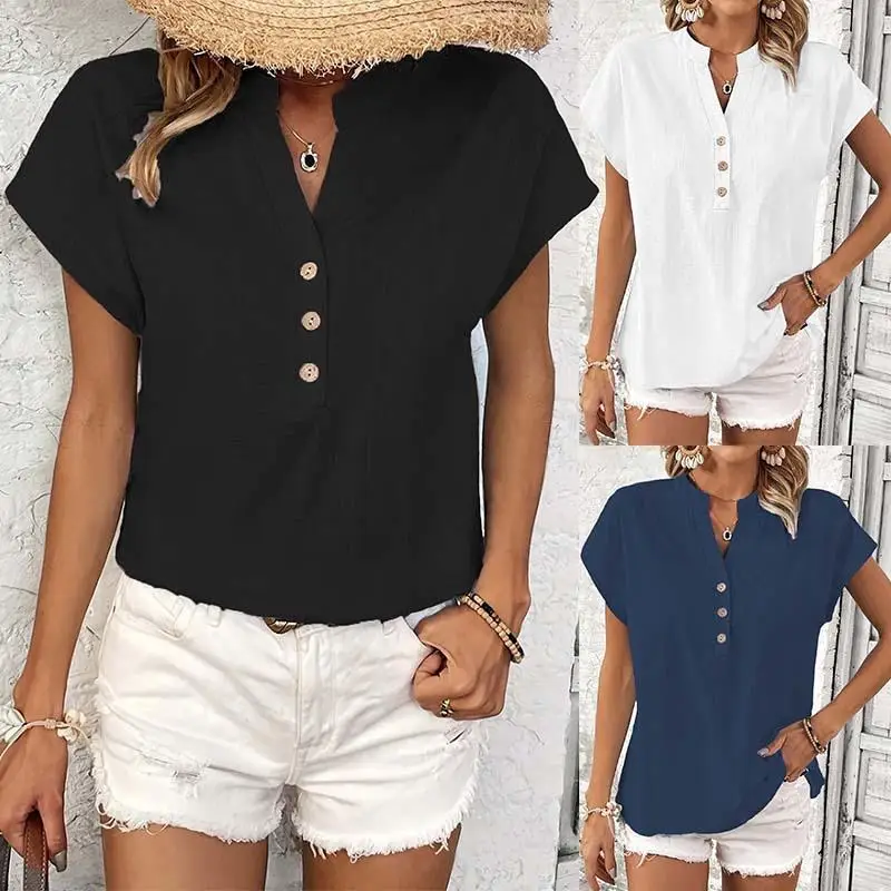 Cotton Linen Women's irt Collar ort Sve Polyester Fabric Commute Sle Regular Fit ort Length Splice Design Ladies' Top