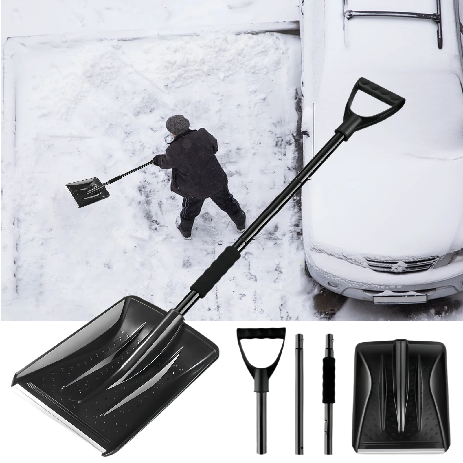 Snow Shovel with Adjustable Length D-Grip Handle Driveway Scoop Shovel for Car Snow Removal Portable for Home Garage Garden Camp