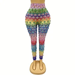 Sexy Colorful Big Rhinestones Transparent Pants Evening Birthday Celebrate Costume Dance Performance Leggings Outfit