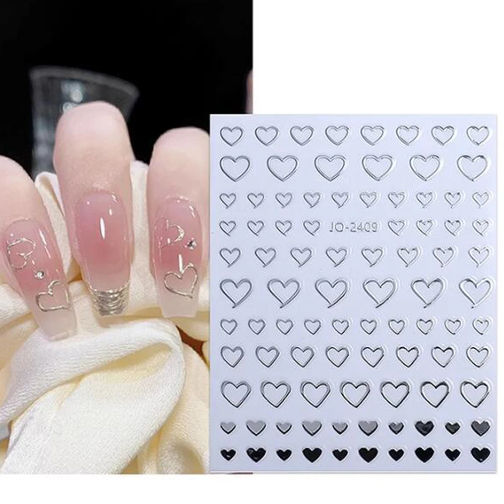 Pegatinas metálicas de corazón 3D para decoración de manicura, deslizador autoadhesivo, láser holográfico, Estrella y Luna, 1 hoja